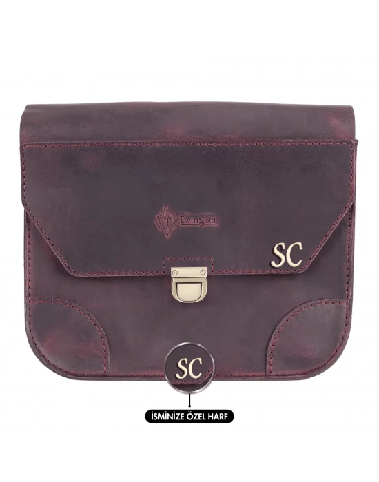 İsme Özel Günlük Orta Boy Omuz Çantası - %100 Crazy Deri - AC03002 - Bordo