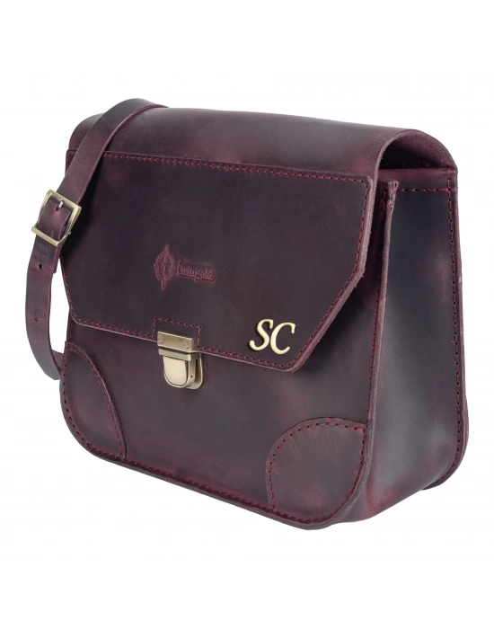 İsme Özel Günlük Orta Boy Omuz Çantası - %100 Crazy Deri - AC03002 - Bordo