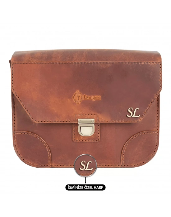 İsme Özel Günlük Orta Boy Omuz Çantası - %100 Crazy Deri - AC03002 - Taba