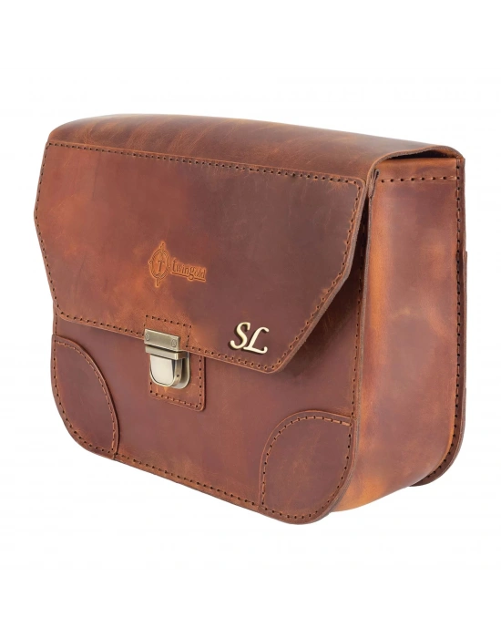 İsme Özel Günlük Orta Boy Omuz Çantası - %100 Crazy Deri - AC03002 - Taba