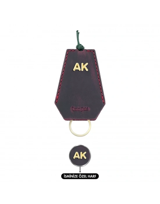 İsme Özel İpli Anahtarlık - % 100 Crazy Deri - AG01002 - Bordo