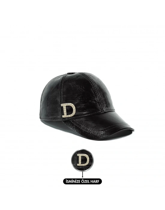 İsme Özel Kep Şapka - %100 Deri - AB01012 - Siyah
