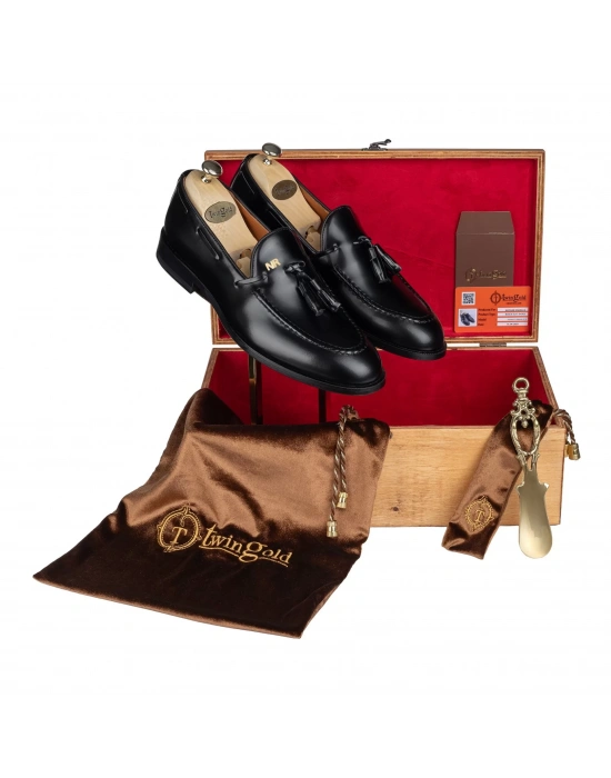 İsme Özel Loafer Erkek Ayakkabı - %100 Hakiki Açma Deri - Altın Harf - AA01003 - Siyah