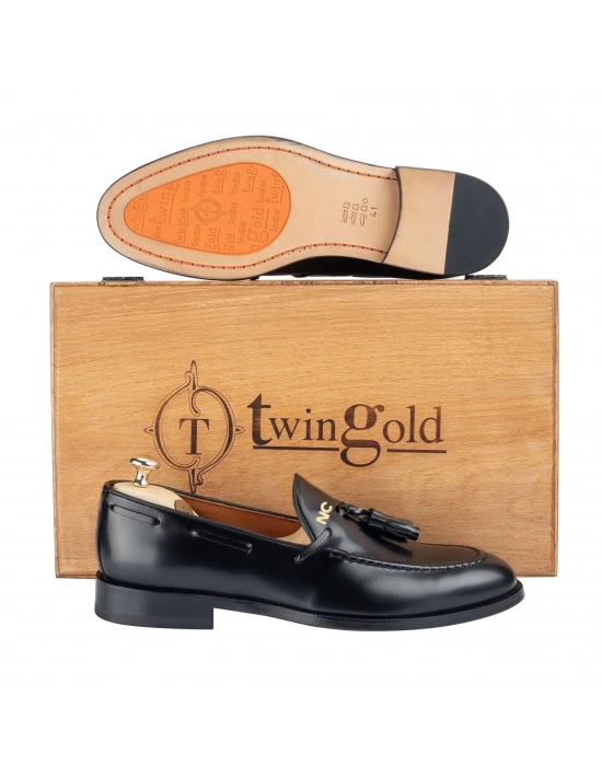 İsme Özel Loafer Erkek Ayakkabı - %100 Hakiki Açma Deri - Altın Harf - AA01003 - Siyah