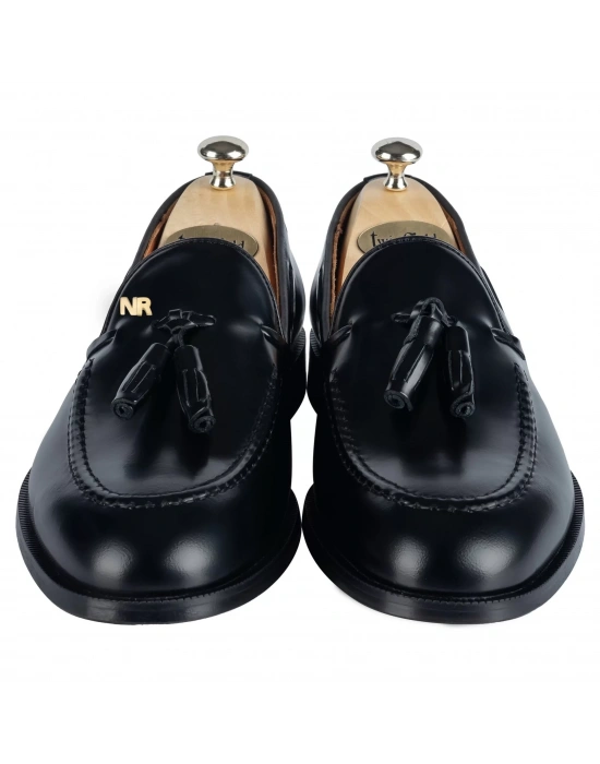 İsme Özel Loafer Erkek Ayakkabı - %100 Hakiki Açma Deri - Gümüş Konseptli- AA01011 - Siyah