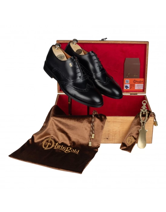 İsme Özel Oxford Erkek Ayakkabı - %100 Hakiki Açma Deri - Gümüş Konseptli- AA01012 - Siyah