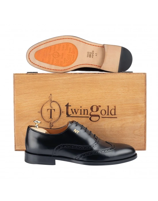 İsme Özel Oxford Erkek Ayakkabı - %100 Hakiki Açma Deri - Gümüş Konseptli- AA01012 - Siyah