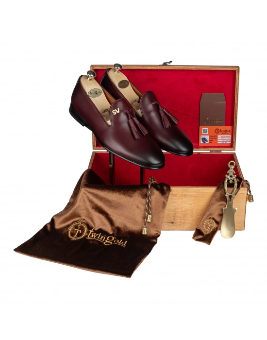 İsme Özel Püsküllü Kösele Erkek Ayakkabı - %100 Hakiki Antik Deri - Altın Harf - AA01008 - Bordo