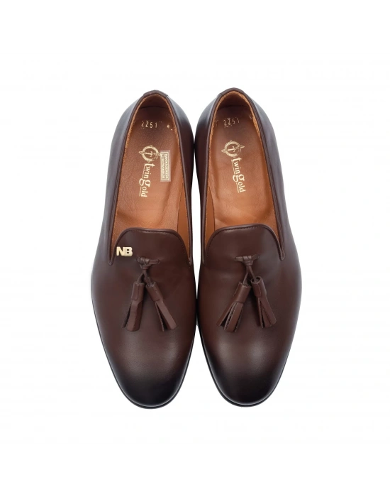 İsme Özel Püsküllü Kösele Erkek Ayakkabı - %100 Hakiki Antik Deri - Altın Harf - AA01008 - Kahverengi