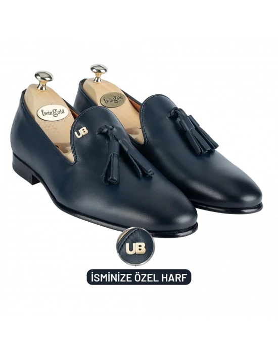 İsme Özel Püsküllü Kösele Erkek Ayakkabı - %100 Hakiki Antik Deri - Altın Harf - AA01008 - Lacivert