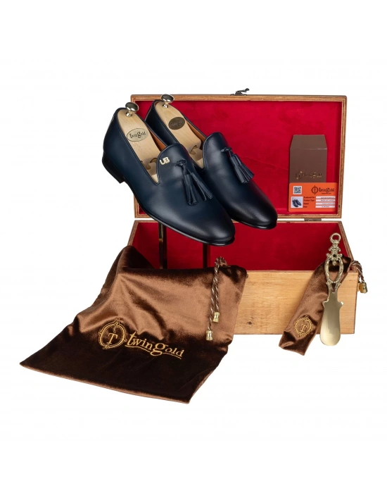 İsme Özel Püsküllü Kösele Erkek Ayakkabı - %100 Hakiki Antik Deri - Altın Harf - AA01008 - Lacivert