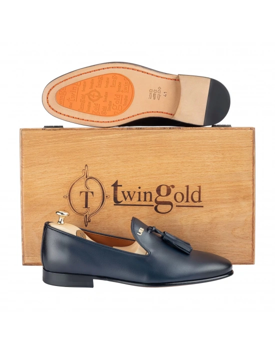 İsme Özel Püsküllü Kösele Erkek Ayakkabı - %100 Hakiki Antik Deri - Altın Harf - AA01008 - Lacivert