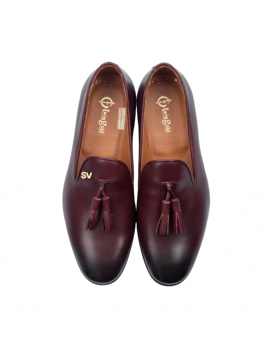 İsme Özel Püsküllü Kösele Erkek Ayakkabı - %100 Hakiki Antik Deri - Gümüş Konseptli - AA01013 - Bordo