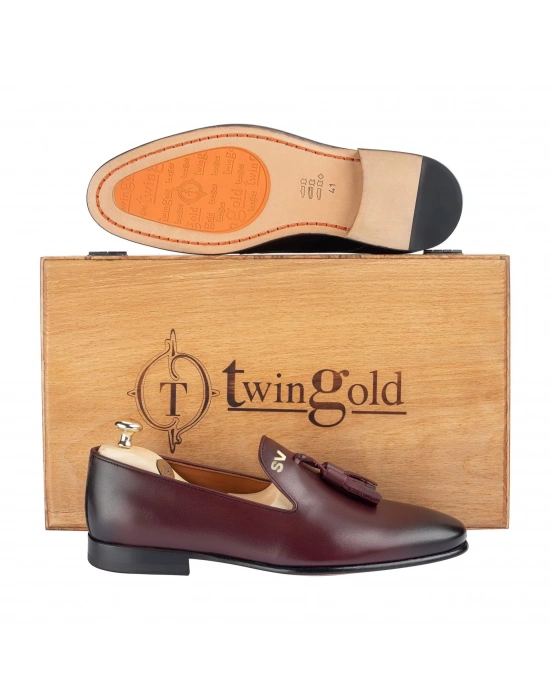 İsme Özel Püsküllü Kösele Erkek Ayakkabı - %100 Hakiki Antik Deri - Gümüş Konseptli - AA01013 - Bordo