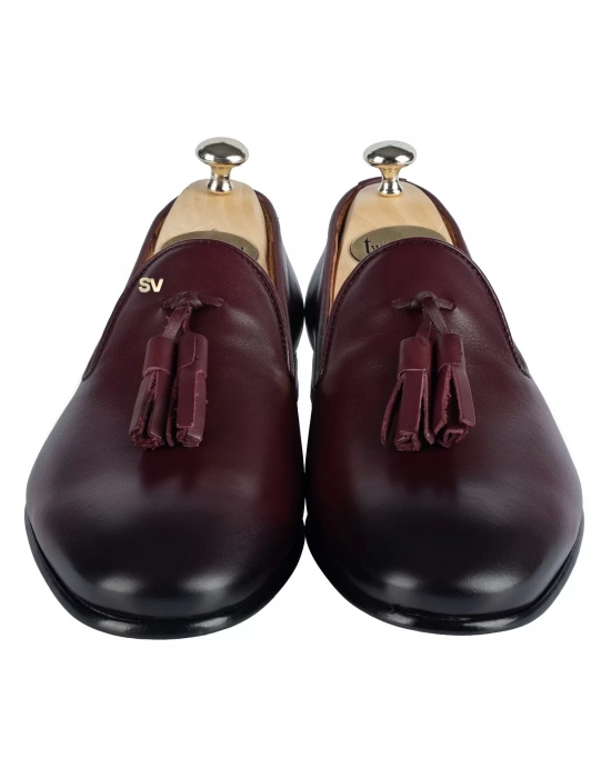 İsme Özel Püsküllü Kösele Erkek Ayakkabı - %100 Hakiki Antik Deri - Gümüş Konseptli - AA01013 - Bordo