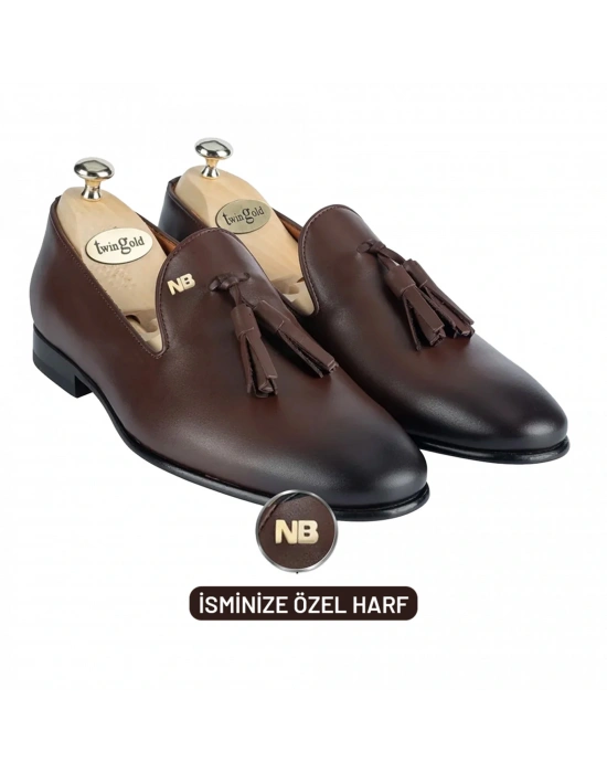İsme Özel Püsküllü Kösele Erkek Ayakkabı - %100 Hakiki Antik Deri - Gümüş Konseptli - AA01013 - Kahverengi
