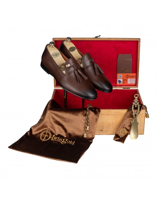 İsme Özel Püsküllü Kösele Erkek Ayakkabı - %100 Hakiki Antik Deri - Gümüş Konseptli - AA01013 - Kahverengi