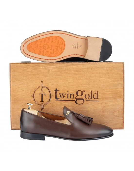 İsme Özel Püsküllü Kösele Erkek Ayakkabı - %100 Hakiki Antik Deri - Gümüş Konseptli - AA01013 - Kahverengi