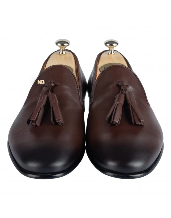 İsme Özel Püsküllü Kösele Erkek Ayakkabı - %100 Hakiki Antik Deri - Gümüş Konseptli - AA01013 - Kahverengi