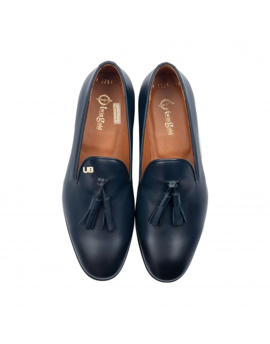 İsme Özel Püsküllü Kösele Erkek Ayakkabı - %100 Hakiki Antik Deri - Gümüş Konseptli- AA01013 - Lacivert