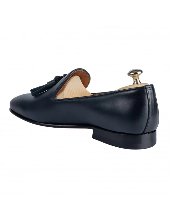 İsme Özel Püsküllü Kösele Erkek Ayakkabı - %100 Hakiki Antik Deri - Gümüş Konseptli- AA01013 - Lacivert