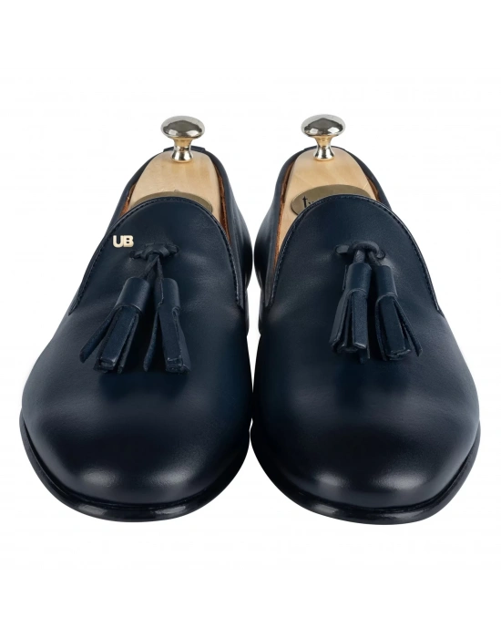 İsme Özel Püsküllü Kösele Erkek Ayakkabı - %100 Hakiki Antik Deri - Gümüş Konseptli- AA01013 - Lacivert