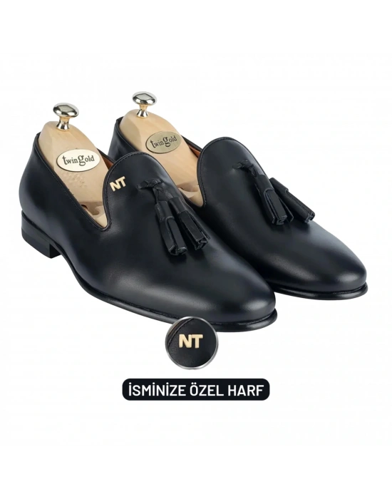 İsme Özel Püsküllü Kösele Erkek Ayakkabı - %100 Hakiki Antik Deri - Gümüş Konseptli - AA01013 - Siyah