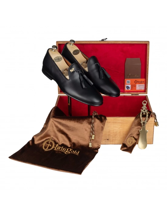 İsme Özel Püsküllü Kösele Erkek Ayakkabı - %100 Hakiki Antik Deri - Gümüş Konseptli - AA01013 - Siyah