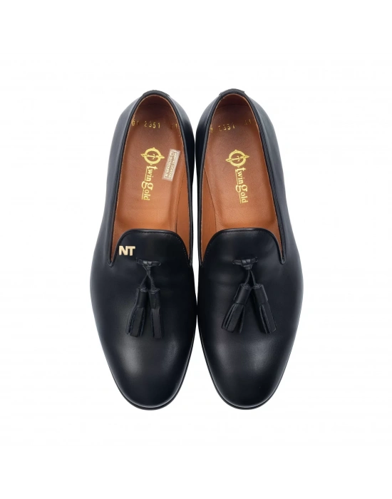 İsme Özel Püsküllü Kösele Erkek Ayakkabı - %100 Hakiki Antik Deri - Gümüş Konseptli - AA01013 - Siyah