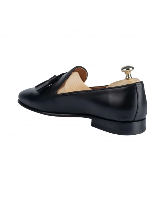 İsme Özel Püsküllü Kösele Erkek Ayakkabı - %100 Hakiki Antik Deri - Gümüş Konseptli - AA01013 - Siyah