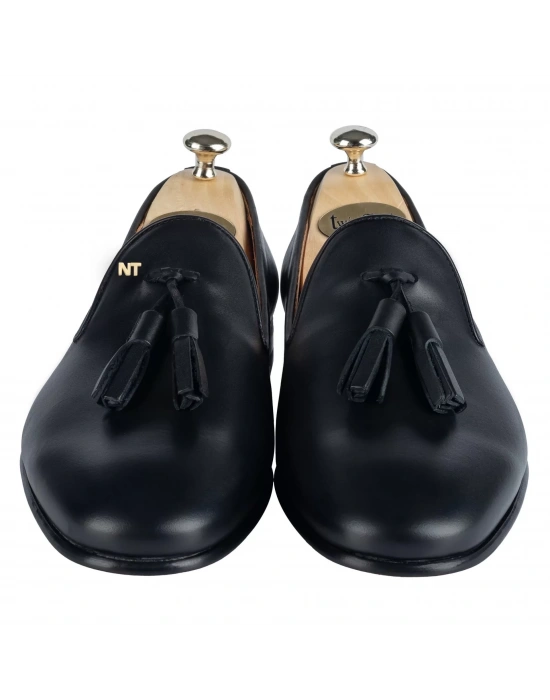 İsme Özel Püsküllü Kösele Erkek Ayakkabı - %100 Hakiki Antik Deri - Gümüş Konseptli - AA01013 - Siyah