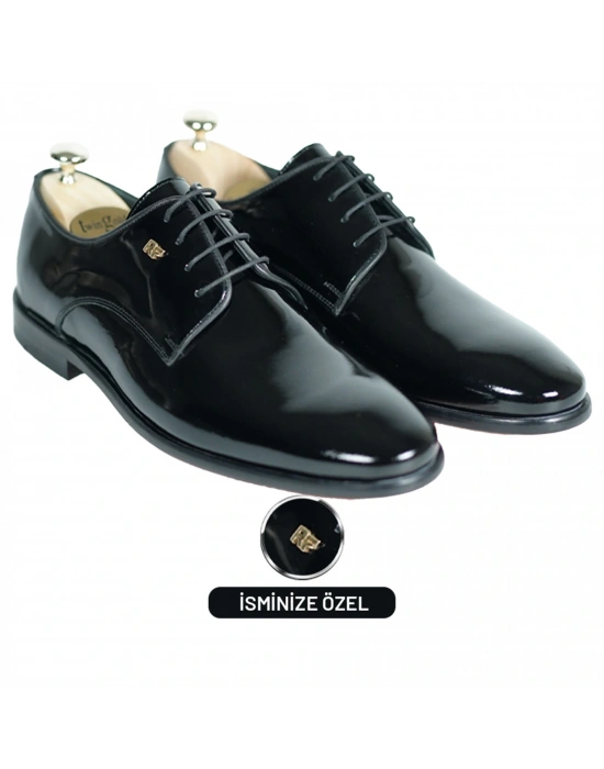 İsme Özel Rugan Bağcıklı Kösele Erkek Ayakkabı - %100 Hakiki Deri - Altın Harf - AA01006 - Siyah