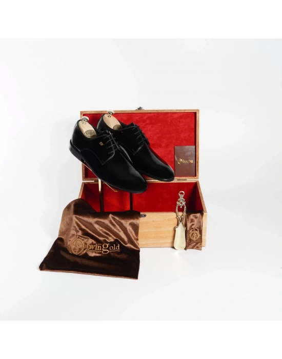 İsme Özel Rugan Bağcıklı Kösele Erkek Ayakkabı - %100 Hakiki Deri - Altın Harf - AA01006 - Siyah