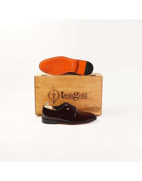 İsme Özel Rugan Bağcıklı Kösele Erkek Ayakkabı - %100 Hakiki Deri - Gümüş Konseptli - AA01014 - Bordo