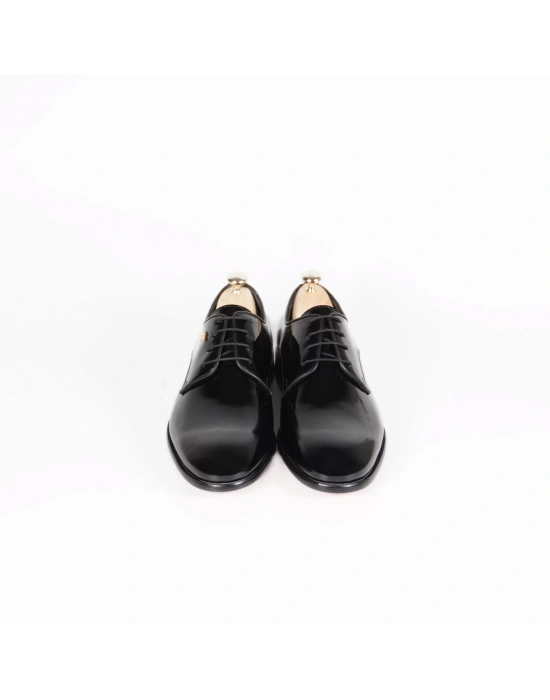 İsme Özel Rugan Bağcıklı Kösele Erkek Ayakkabı - %100 Hakiki Deri - Gümüş Konseptli - AA01014 - Siyah