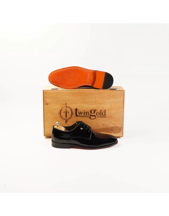 İsme Özel Rugan Bağcıklı Kösele Erkek Ayakkabı - %100 Hakiki Deri - Gümüş Konseptli - AA01014 - Siyah