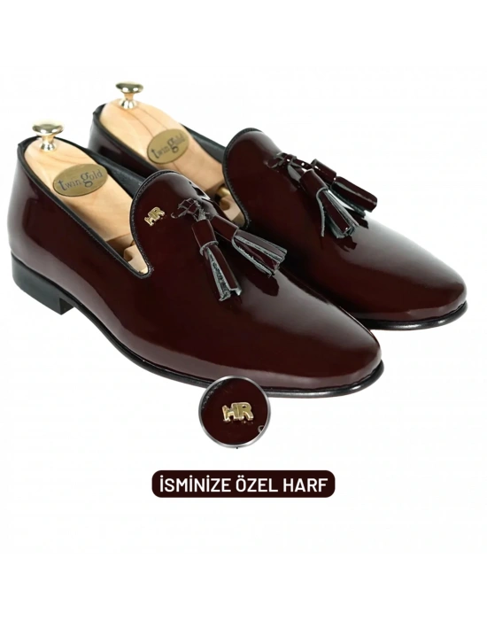İsme Özel Rugan Püsküllü Kösele Erkek Ayakkabı - %100 Hakiki Deri - Altın Harf - AA01007 - Bordo