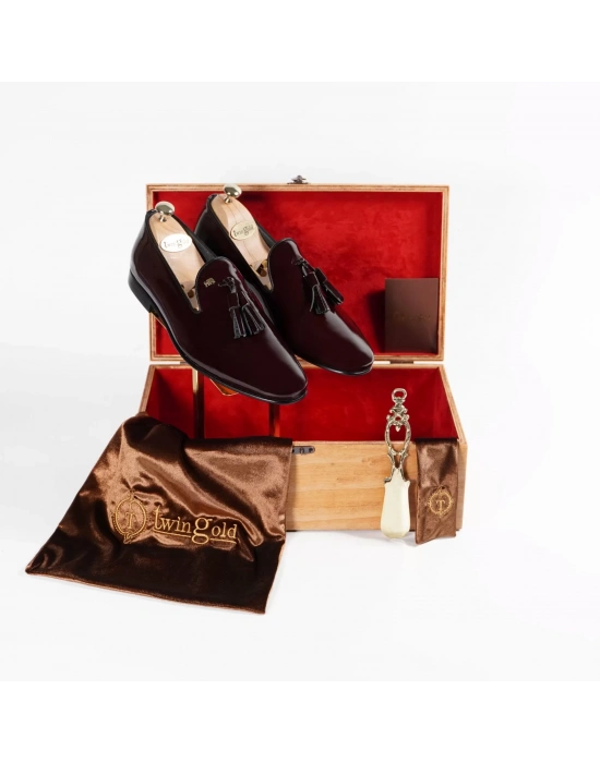 İsme Özel Rugan Püsküllü Kösele Erkek Ayakkabı - %100 Hakiki Deri - Altın Harf - AA01007 - Bordo