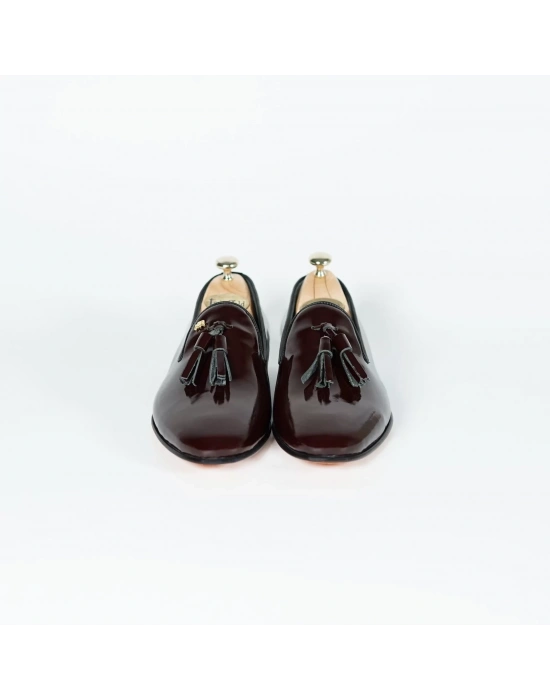 İsme Özel Rugan Püsküllü Kösele Erkek Ayakkabı - %100 Hakiki Deri - Altın Harf - AA01007 - Bordo