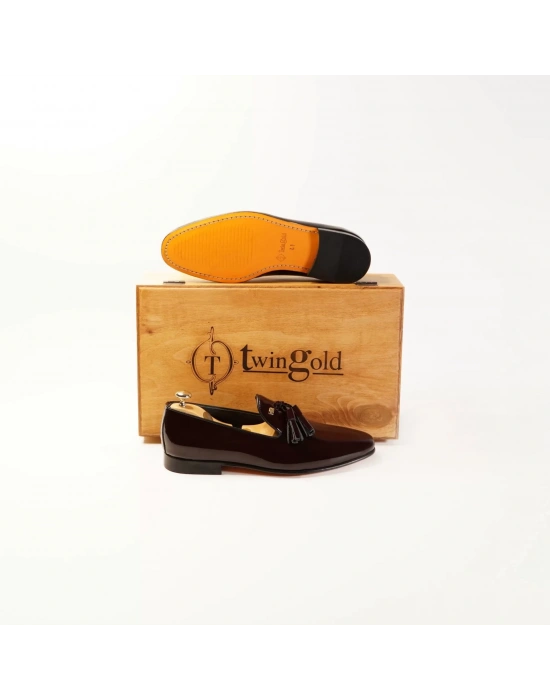 İsme Özel Rugan Püsküllü Kösele Erkek Ayakkabı - %100 Hakiki Deri - Altın Harf - AA01007 - Bordo