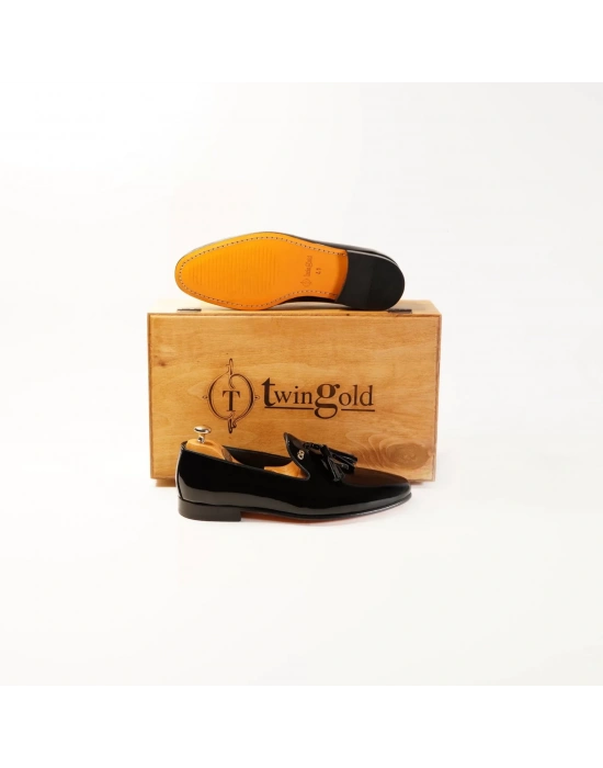 İsme Özel Rugan Püsküllü Kösele Erkek Ayakkabı - %100 Hakiki Deri - Altın Harf - AA01007 - Siyah