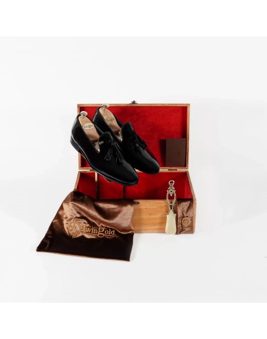 İsme Özel Rugan Püsküllü Kösele Erkek Ayakkabı - %100 Hakiki Deri - Gümüş Konseptli - AA01015 - Siyah