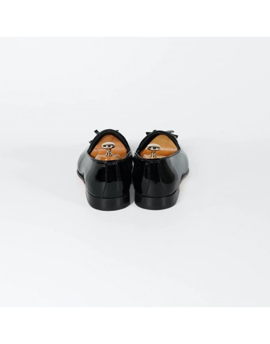 İsme Özel Rugan Püsküllü Kösele Erkek Ayakkabı - %100 Hakiki Deri - Gümüş Konseptli - AA01015 - Siyah