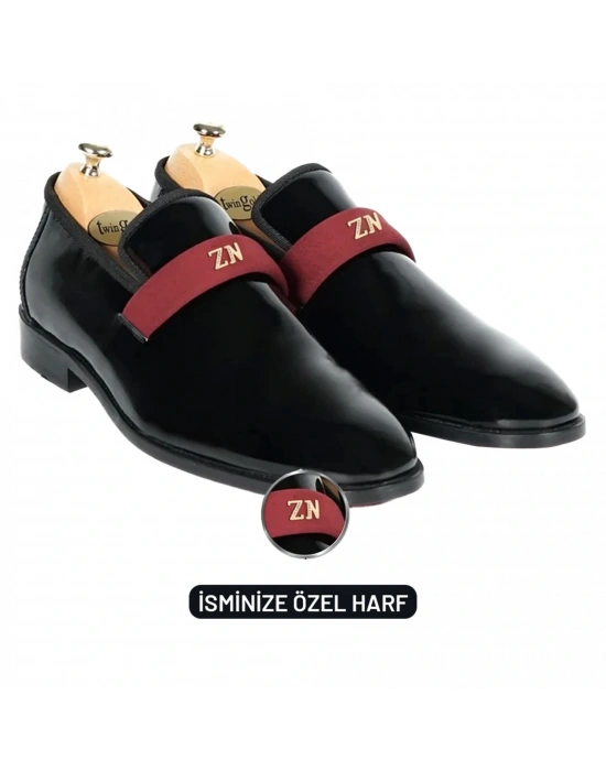 İsme Özel Smokin Salon Erkek Ayakkabısı - %100 Hakiki Deri - Gümüş Konseptli - AA01016 - Bordo