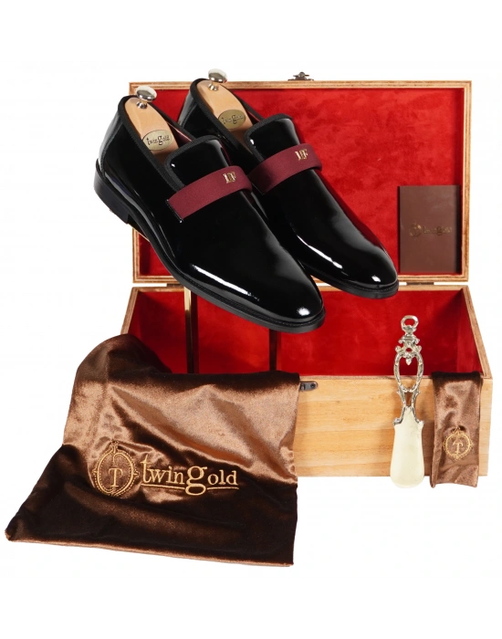 İsme Özel Smokin Salon Erkek Ayakkabısı - %100 Hakiki Deri - Gümüş Konseptli - AA01016 - Bordo