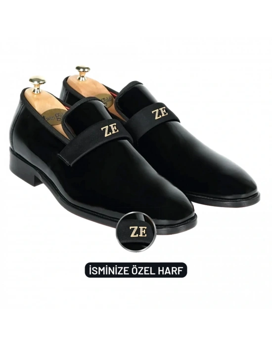 İsme Özel Smokin Salon Erkek Ayakkabısı - %100 Hakiki Deri - Gümüş Konseptli - AA01016 - Siyah