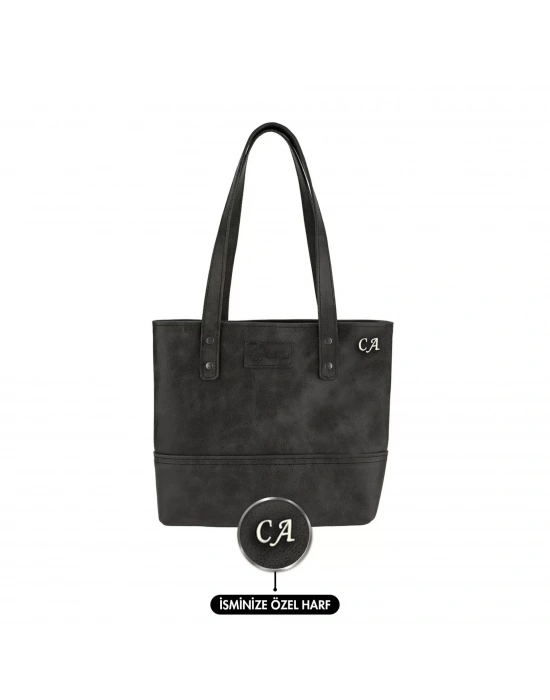 İsme Özel Tote Bag El Omuz Çantası - %100 Rainbow Deri - AC03003 - Antrasit