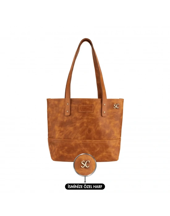 İsme Özel Tote Bag El Omuz Çantası - %100 Rainbow Deri - AC03003 - Camel