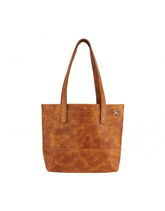 İsme Özel Tote Bag El Omuz Çantası - %100 Rainbow Deri - AC03003 - Camel