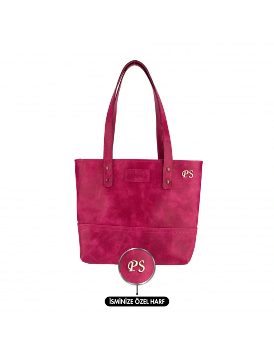 İsme Özel Tote Bag El Omuz Çantası - %100 Rainbow Deri - AC03003 - Fuşya